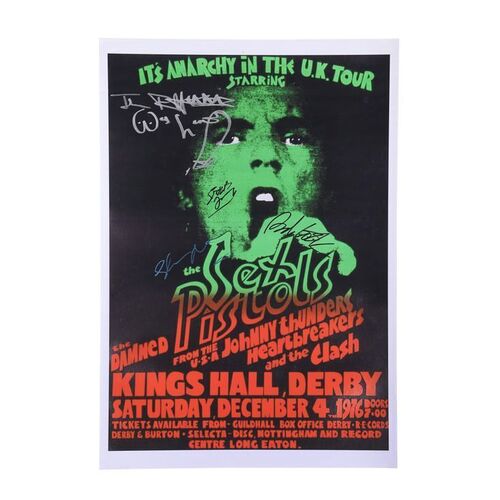791. Johnny Rotten, Steve Jones, Paul Cook and Glen Matlock Signed Anarchy in the UK Tour Reprinted Poster ### SEX PISTOLS