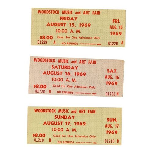 816. Set of Three Admission Tickets ### WOODSTOCK MUSIC AND ART FAIR (1969)