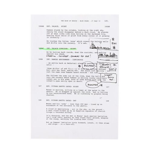 1098. Script Page with Scott Ridley Hand-Drawn "Ridleygram" Sketch ### EXODUS: GODS AND KINGS (2014)