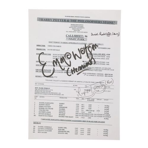 1208. Daniel Radcliffe, Emma Watson and Rupert Grint Autographed Call Sheet Copy ### HARRY POTTER AND THE PHILOSOPHER'S STONE (2001)