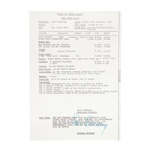 1316. Sean Connery-autographed Call Sheet ### JAMES BOND: NEVER SAY NEVER AGAIN (1983)