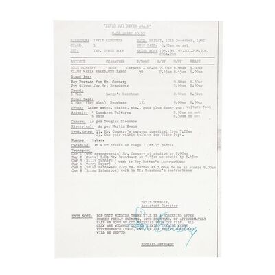 1316. Sean Connery-autographed Call Sheet ### JAMES BOND: NEVER SAY NEVER AGAIN (1983)