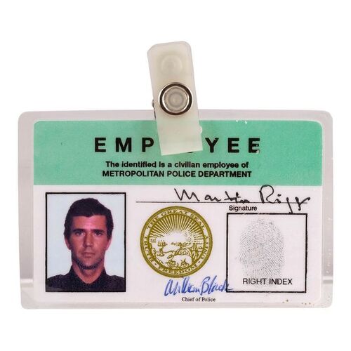 1443. Production-Made Martin Riggs (Mel Gibson) Metropolitan Police ID ### LETHAL WEAPON (1987)