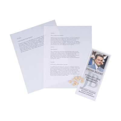 Lot #66: Jordan Belfort's (DiCaprio) "Straight Line Persuasion Training" Pamphlet, Stratton Oakmont Sales Scripts and 10 Lemmons ### WOLF OF WALL STREET, THE (2013)