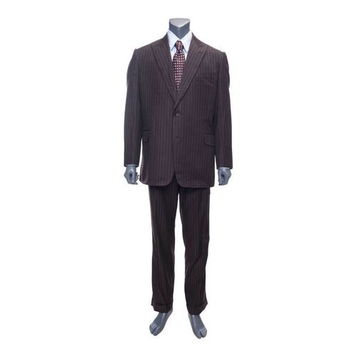 Lot #194: Jordan Belfort's (DiCaprio) Brown and Orange Pinstripe Suit Mug Shot Costume with Screen-Matched Jacket ### WOLF OF WALL STREET, THE (2013)