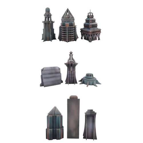 Lot #21: Set of Nine Alien City Skyline Model Miniatures ### PRIMEVALS, THE (1970s - 2023)