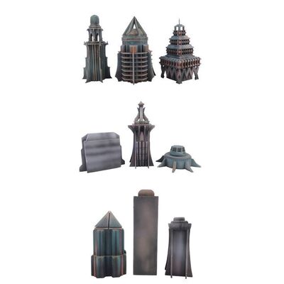 Lot #21: Set of Nine Alien City Skyline Model Miniatures ### PRIMEVALS, THE (1970s - 2023)
