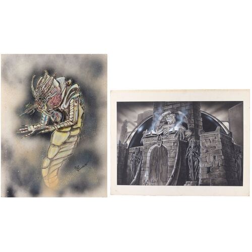Lot #38: Hand-Drawn Lee MacLeod Fortress Concept Artwork with Hand-Painted John Carl Buechler Alien Concept Artwork ### PRIMEVALS, THE (1970s - 2023)