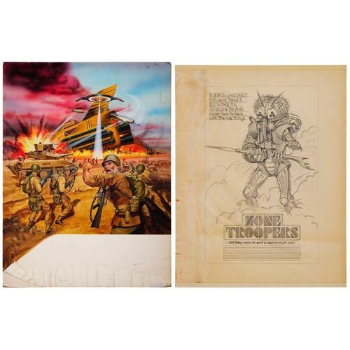 Lot #68: Hand-Painted C. Winston Taylor Key Trade Ad Artwork with Hand-Drawn Trade Ad Concept Sketch ### ZONE TROOPERS (1985 - EMPIRE PICTURES)