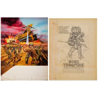 Lot #68: Hand-Painted C. Winston Taylor Key Trade Ad Artwork with Hand-Drawn Trade Ad Concept Sketch ### ZONE TROOPERS (1985 - EMPIRE PICTURES)