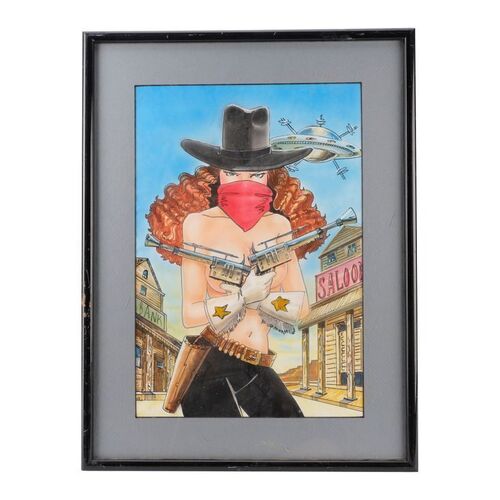 Lot #89: Framed Hand-Painted Trade Advertisement Artwork ### TIMEGATE: TALES OF THE SADDLE TRAMPS (1999 - FULL MOON)