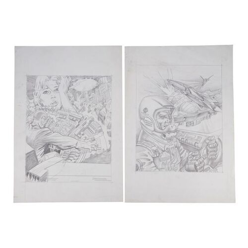 Lot #107: Pair of Hand-Drawn Spaceship Captain Concept Sketches ### JOSH KIRBY...TIME WARRIOR! FRANCHISE (1995-1996 - FULL MOON)