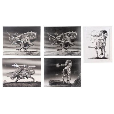 Lot #114: Set of Two Hand-Drawn and Three Printed Jim Balent Space Pirate Concept Artworks ### SPACE PIRATES (UNPRODUCED - FULL MOON)