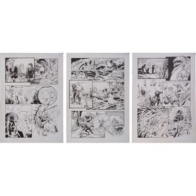 Lot #123: Set of Three Hand-Drawn Promotional Comic Book Pages ### JOSH KIRBY...TIME WARRIOR! FRANCHISE (1995-1996 - FULL MOON)