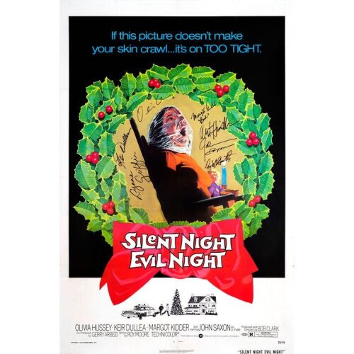39. Key Cast-Autographed One Sheet with Paper Snipe (27" x 41") Signed by Olivia Hussey, Keir Dullea, Margot Kidder and 4 more! (JSA COA); Very Fine Folded ### BLACK CHRISTMAS (1974)