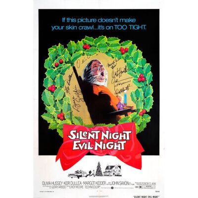 39. Key Cast-Autographed One Sheet with Paper Snipe (27" x 41") Signed by Olivia Hussey, Keir Dullea, Margot Kidder and 4 more! (JSA COA); Very Fine Folded ### BLACK CHRISTMAS (1974)