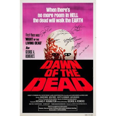 106. Key Cast and Crew-Autographed One Sheet (27" x 41") Signed by director George A Romero and 6 more! (JSA COA); "Red Text" Style; Very Fine Rolled ### DAWN OF THE DEAD (1978)