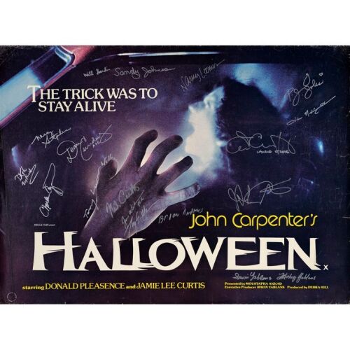 181. Key Cast and Crew-Autographed British Quad (39" x 29") Signed by John Carpenter, Jamie Lee Curtis and 16 more! (JSA COA); Fine- Rolled ### HALLOWEEN (1978)