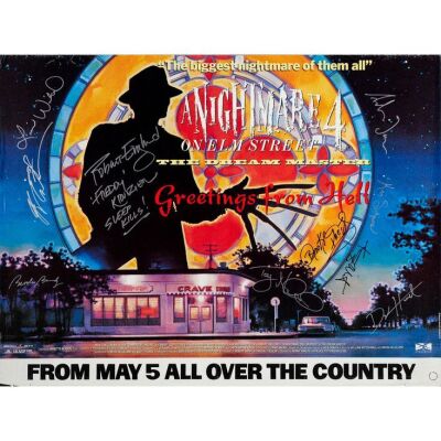 306. Key Cast-Autographed British Quad (40" x 30") Signed by Robert Englund and 8 more! (See online catalog for photos of signing); Advance; Very Fine- Rolled ### NIGHTMARE ON ELM STREET 4, A: THE DREAM MASTER (1989)