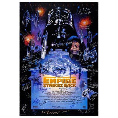 398. Cast and Crew-Autographed One Sheet (27" x 41") Signed by George Lucas (Creator) and 44 more! (JSA COA); Very Fine- Rolled ### STAR WARS: THE EMPIRE STRIKES BACK (R-1997)