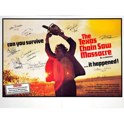 422. British Quad (40" x 30") Signed by Director Tobe Hooper and 9 more! (JSA COA); Greater London Council, London Showing Only,; Very Fine+ Folded ### THE TEXAS CHAINSAW MASSACRE (1976)