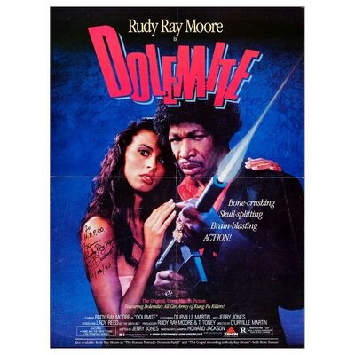 563. Cast-Autographed Home Video Release Poster (18" x 24") Signed by Rudy Ray Moore (JSA COA); Very Fine+ Folded ### DOLEMITE (1987)