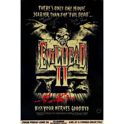 587. Key Cast and Crew-Autographed British 40" x 60" Signed by Sam Raimi and Bruce Campbell. (JSA COA); Fine+ Rolled ### EVIL DEAD II (1987)