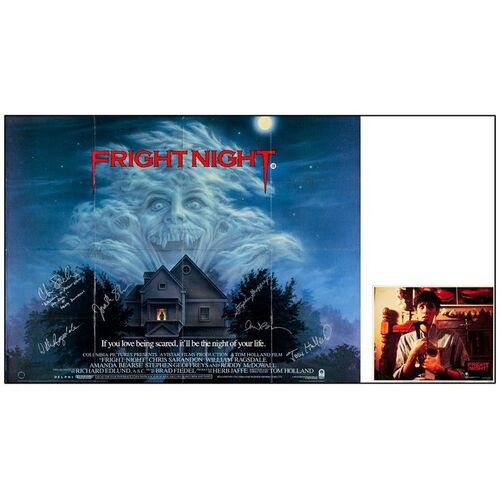 609. Key Cast-Autographed British Quad and US Lobby Card (40" x 30", 11" x 14") Signed by Chris Sarandon, William Ragsdale and 4 more! (See online catalog for photos of signing); Very Fine- Folded and ### FRIGHT NIGHT (1986)