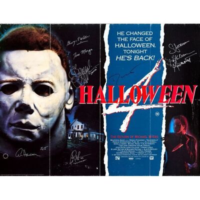 649. Key Cast and Crew-Autographed British Quad (40" x 30") Signed by Dwight H. Little, Danielle Harris and 6 more! (See online catalog for photos of signing); Fine+ Folded ### HALLOWEEN 4: THE RETURN OF MICHAEL MYERS (1989)