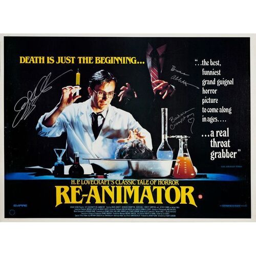 807. Key Cast-Autographed British Quad (40" x 30") Signed by Jeffrey Combs and 2 more! (See online catalog for photos of signing); Fine+ Rolled ### RE-ANIMATOR (1985)