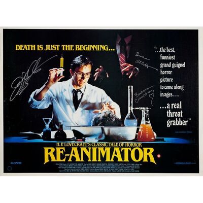 807. Key Cast-Autographed British Quad (40" x 30") Signed by Jeffrey Combs and 2 more! (See online catalog for photos of signing); Fine+ Rolled ### RE-ANIMATOR (1985)