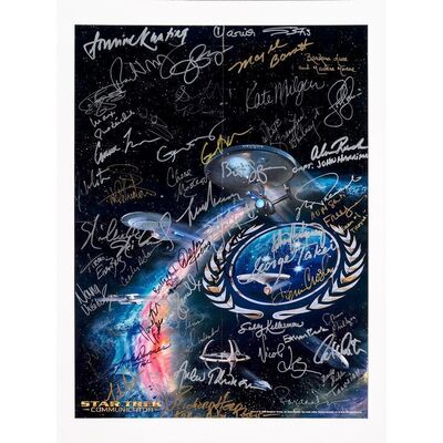 849. Key Cast-Autographed Fan Club Magazine Poster Insert (16.25" x 21.5") Signed by William Shatner, Leonard Nimoy and 49 more! (JSA COA); Very Fine Folded ### STAR TREK: FRANCHISE (1998)