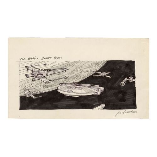 348. Hand-Drawn Joe Johnston-Signed Millennium Falcon Returning to Rebel Base Storyboard ### STAR WARS: A NEW HOPE (1977)