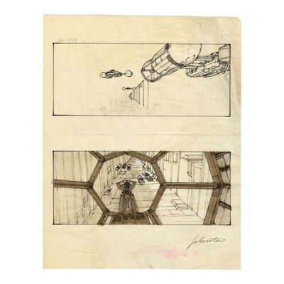 349. Hand-Drawn Joe Johnston-Signed Y-Wings in Trench from TIE Fighter Cockpit POV Storyboard Sheet ### STAR WARS: A NEW HOPE (1977)