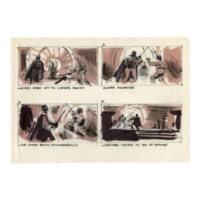 378. Gerard Bourke Collection: Set of Seven Pages of Hand-Illustrated Roy Carnon Luke vs Vader Lightsaber Duel Storyboards ### STAR WARS: RETURN OF THE JEDI (1983)