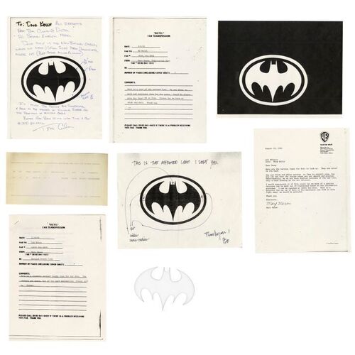 526. Batman's (Michael Keaton) Bat Logo with Handwritten and Printed Logo Design Production Paperwork ### BATMAN RETURNS (1992)
