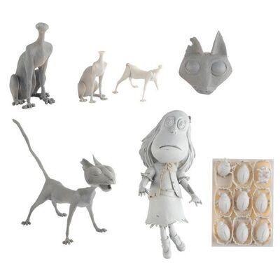 594. Set of The Cat (Keith David), Sweet Ghost Girl (Aankha Neal), and Cocoa Beetle Box Test Maquettes ### CORALINE (2009)