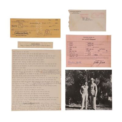 874. Stan Laurel's Hand-Signed Check to Charlie Hall with Hall's Hand-Marked Script Page, Day Player Agreement, Paramount Envelope, and Photo with Laurel ### DOUBLE WHOOPEE (1929)