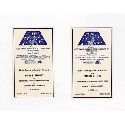 1170. Gerard Bourke Collection: Pair of December 12, 1977 Dominion Theatre Press Screening Invitations ### STAR WARS: A NEW HOPE (1977)