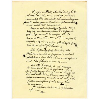 509. Planet Hollywood Collection: Page from Doc Brown's (Christopher Lloyd) 1885 DeLorean Repair Letter to Marty McFly (Michael J. Fox) ### BACK TO THE FUTURE PART III (1990)