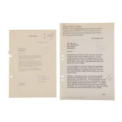 3. Pair of Signed Stanley Kubrick Letters ### A CLOCKWORK ORANGE (1971)