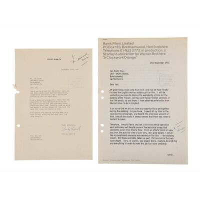 3. Pair of Signed Stanley Kubrick Letters ### A CLOCKWORK ORANGE (1971)