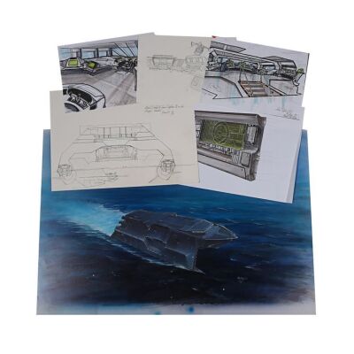 205. Allan Cameron Hand-Painted and Hand-Drawn Concept Artwork for Elliot Carver's (Jonathan Pryce) Stealth Ship ### JAMES BOND: TOMORROW NEVER DIES (1997)