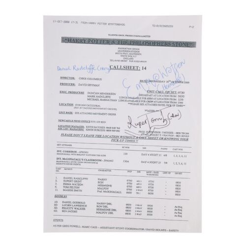131. Autographed Call Sheet ### HARRY POTTER AND THE PHILOSOPHER'S STONE (2001)