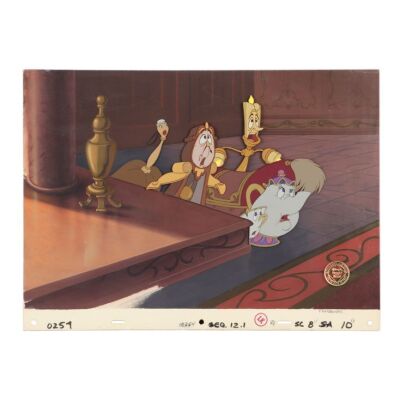340. Lumiere, Cogsworth, Mrs. Potts, Chip and Sultan Hand-Painted Cel Setup and Production Background ### BEAUTY AND THE BEAST (1991)