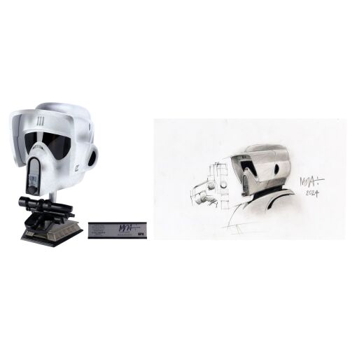 Lot #523: EFX Artist Proof "Legend Edition" Scout Trooper Helmet and Blaster Replicas with Hand-drawn Nilo Rodis-Jamero Design Sketch ### STAR WARS: RETURN OF THE JEDI (1983)