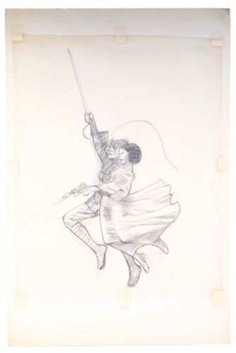 356. Hand-Drawn Dan Goozee Luke Skywalker (Mark Hamill) and Princess Leia (Carrie Fisher) Rope Swing Concept Sketch for Poster ### STAR WARS: A NEW HOPE (1977)