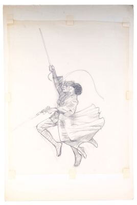 356. Hand-Drawn Dan Goozee Luke Skywalker (Mark Hamill) and Princess Leia (Carrie Fisher) Rope Swing Concept Sketch for Poster ### STAR WARS: A NEW HOPE (1977)