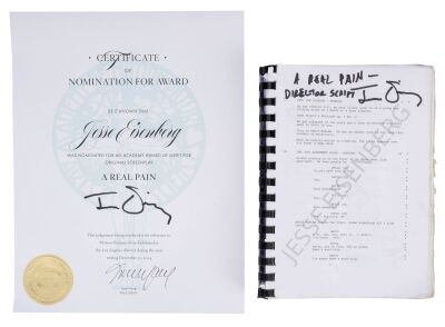 850. Jesse Eisenberg Collection: Jesse Eisenberg's Signed Personal Director's Script and "Best Original Screenplay" Academy Award&reg; Nomination Letter ### A REAL PAIN (2024)