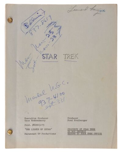 929. Leonard Nimoy's Personal Script for Episode "The Lights of Zetar" ### STAR TREK: THE ORIGINAL SERIES (T.V. SERIES, 1966-1969)